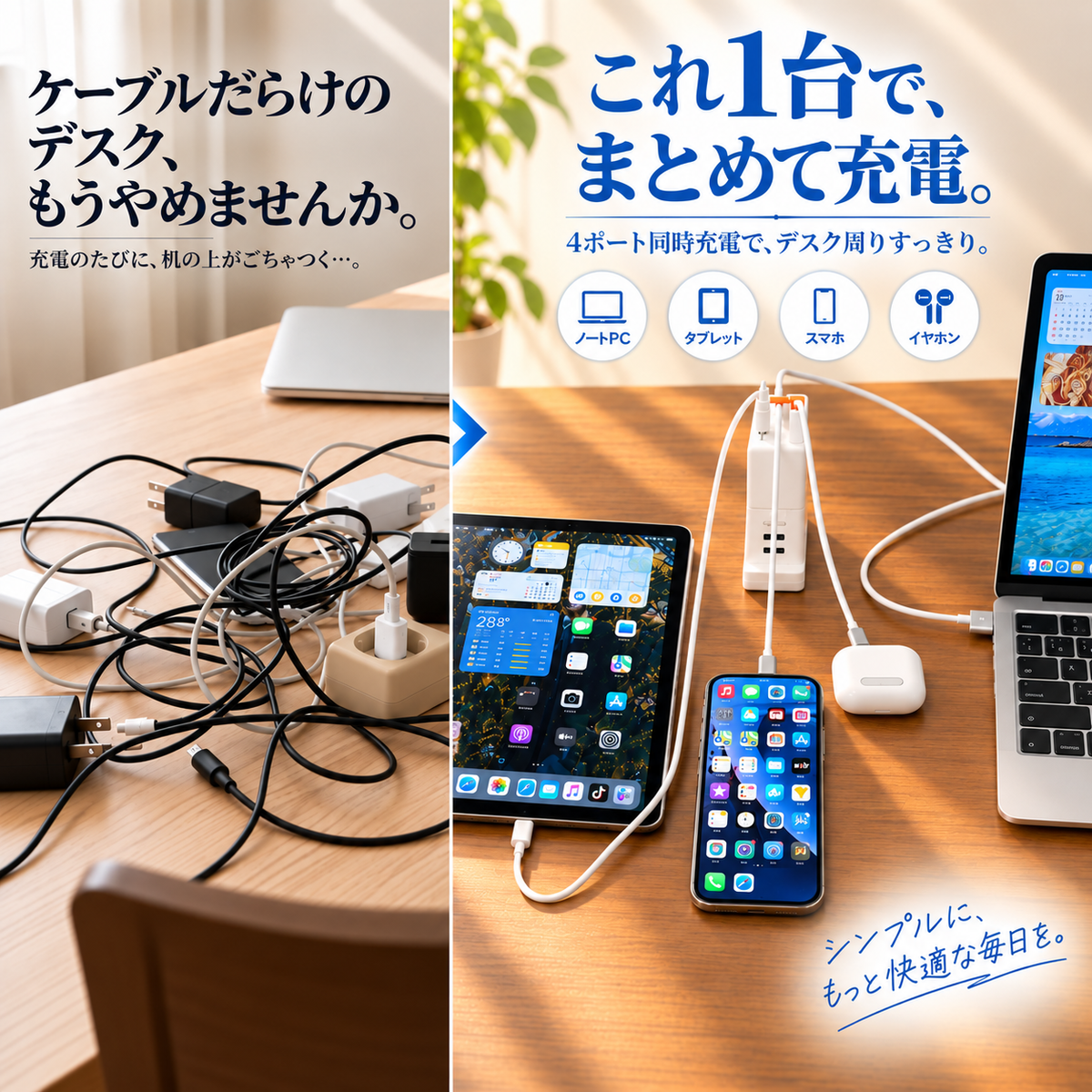 ラクチャージ™｜ケーブル内蔵 4in1 急速充電器