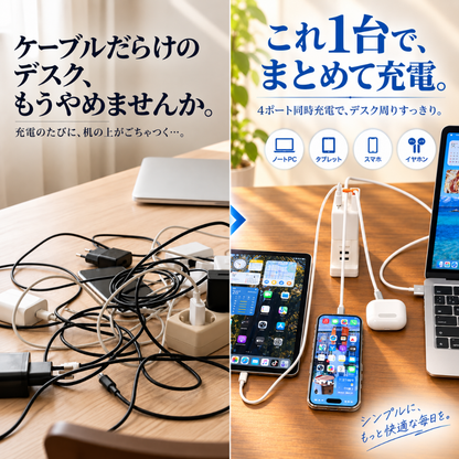 ラクチャージ™｜ケーブル内蔵 4in1 急速充電器